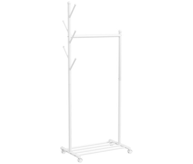 Homcom burro ropa con ruedas, perchero burro ropa con 5 ganchos barra para colgar y balda inferior perchero para recibidor, entrada, dormitorio, 68x43x171 cm, blanco