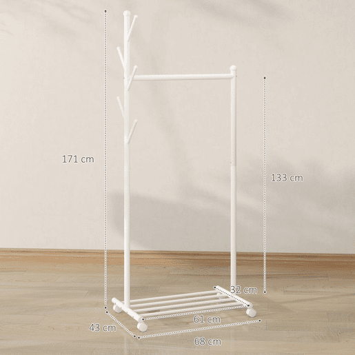 HOMCOM Charriot com Rodas Charriot com 5 Ganchos Barra para Pendurar e Prateleira Inferior Charriot para Dormitório Lavandaria 68x43x171 cm Branco