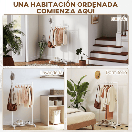 HOMCOM Charriot com Rodas Charriot com 5 Ganchos Barra para Pendurar e Prateleira Inferior Charriot para Dormitório Lavandaria 68x43x171 cm Branco