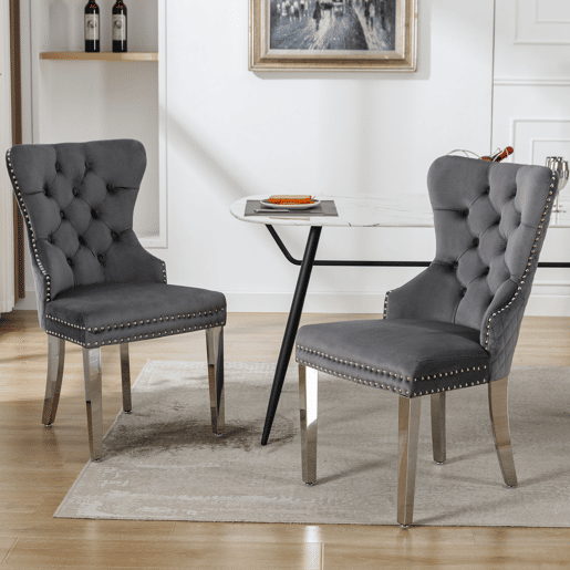Cadeira de jantar 2 St - Cadeira estofada com tachas, encosto com design de pomo, pernas metálicas, assento de veludo - Cinza