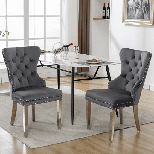 Cadeira de jantar 2 St - Cadeira estofada com tachas, encosto com design de pomo, pernas metálicas, assento de veludo - Cinza