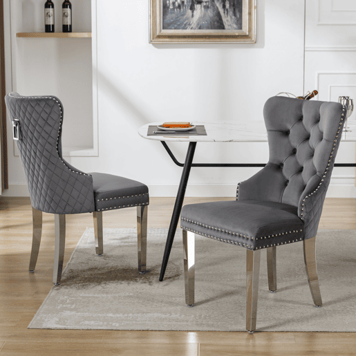 Cadeira de jantar 2 St - Cadeira estofada com tachas, encosto com design de pomo, pernas metálicas, assento de veludo - Cinza