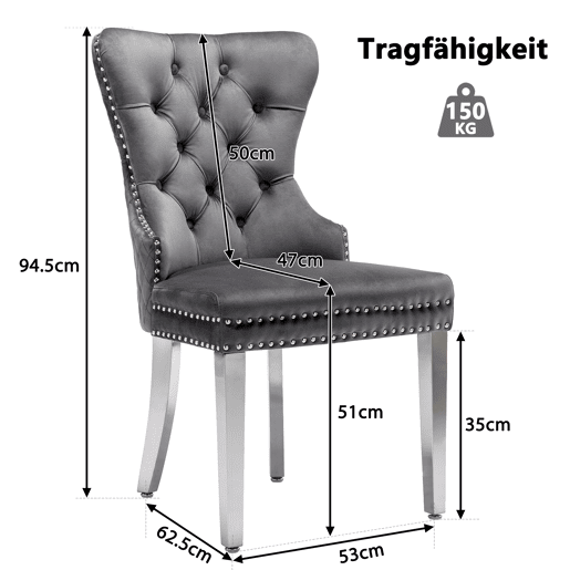 Cadeira de jantar 2 St - Cadeira estofada com tachas, encosto com design de pomo, pernas metálicas, assento de veludo - Cinza