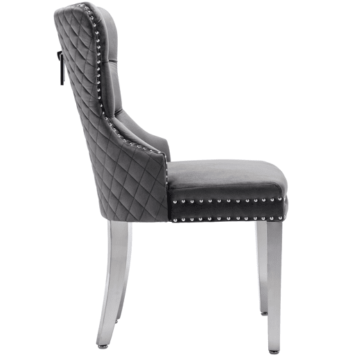 Cadeira de jantar 2 St - Cadeira estofada com tachas, encosto com design de pomo, pernas metálicas, assento de veludo - Cinza