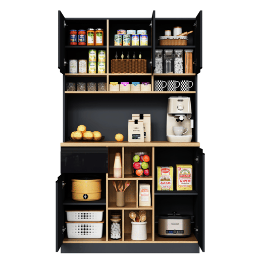 Armário de cozinha 105x45x185 cm - Aparador, prateleiras ajustáveis, gavetas, acessórios anticaída - cinza + preto