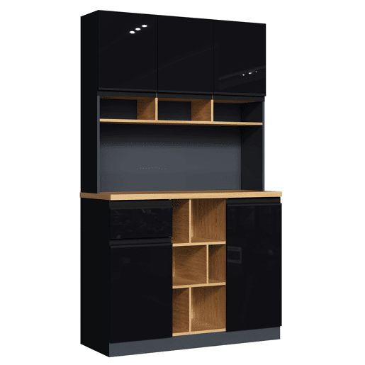 Armário de cozinha 105x45x185 cm - Aparador, prateleiras ajustáveis, gavetas, acessórios anticaída - cinza + preto