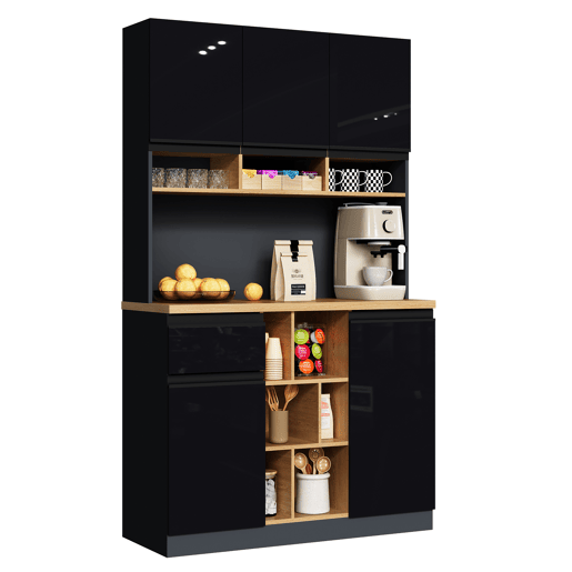 Armário de cozinha 105x45x185 cm - Aparador, prateleiras ajustáveis, gavetas, acessórios anticaída - cinza + preto