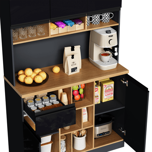 Armário de cozinha 105x45x185 cm - Aparador, prateleiras ajustáveis, gavetas, acessórios anticaída - cinza + preto