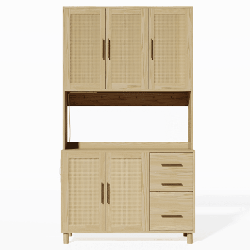 Buffet 183 cm - LED decorativas, 2 x USB, 2 x tomadas, prateleiras ajustáveis, 3 gavetas, puxadores metálicos dourados - Natural