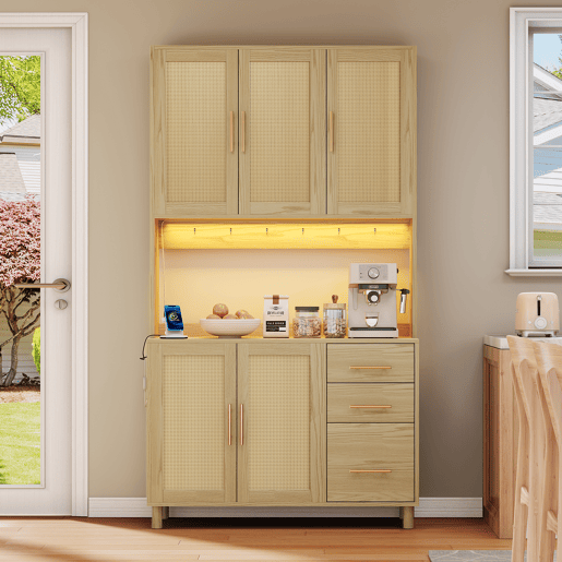 Buffet 183 cm - LED decorativas, 2 x USB, 2 x tomadas, prateleiras ajustáveis, 3 gavetas, puxadores metálicos dourados - Natural