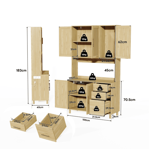 Buffet 183 cm - LED decorativas, 2 x USB, 2 x tomadas, prateleiras ajustáveis, 3 gavetas, puxadores metálicos dourados - Natural