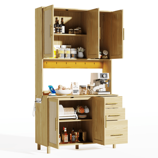 Buffet 183 cm - LED decorativas, 2 x USB, 2 x tomadas, prateleiras ajustáveis, 3 gavetas, puxadores metálicos dourados - Natural