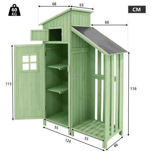Casinha de jardim 124x46x174 cm - Adequada para jardins pequenos - Verde
