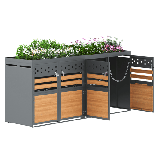 Caixa para caixotes do lixo 4 unidades - com teto de plantas, 120-240 litros - porta cinzenta com aspeto de madeira