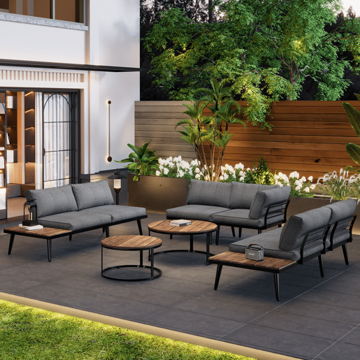 Conjunto de jardim de 6 peças - sala de jantar para terraço, varanda, jardim, interior e exterior, estrutura em ferro galvanizado - Cinza Antigo