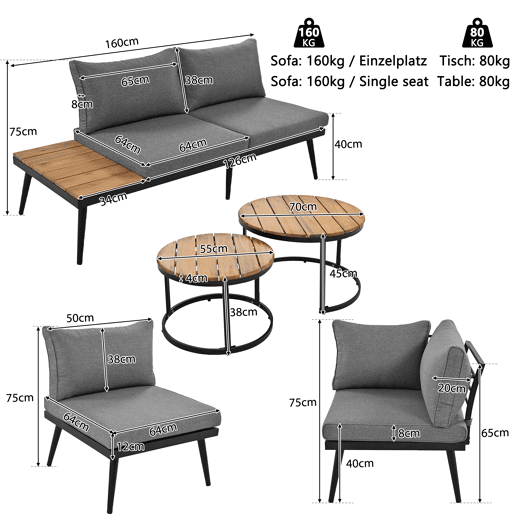 Conjunto de jardim de 6 peças - sala de jantar para terraço, varanda, jardim, interior e exterior, estrutura em ferro galvanizado - Cinza Antigo