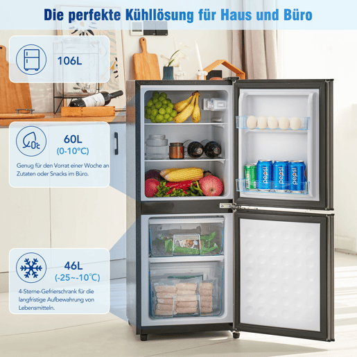 Mini-frigorífico 106 L - 60 L frigorífico + 46 L congelador, 7 níveis de temperatura, porta prateada + corpo preto, iluminação LED, prateleiras ajustáveis - Preto+Prateado