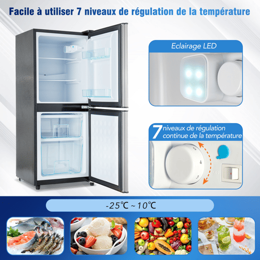 Mini-frigorífico 106 L - 60 L frigorífico + 46 L congelador, 7 níveis de temperatura, porta prateada + corpo preto, iluminação LED, prateleiras ajustáveis - Preto+Prateado