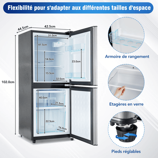 Mini-frigorífico 106 L - 60 L frigorífico + 46 L congelador, 7 níveis de temperatura, porta prateada + corpo preto, iluminação LED, prateleiras ajustáveis - Preto+Prateado