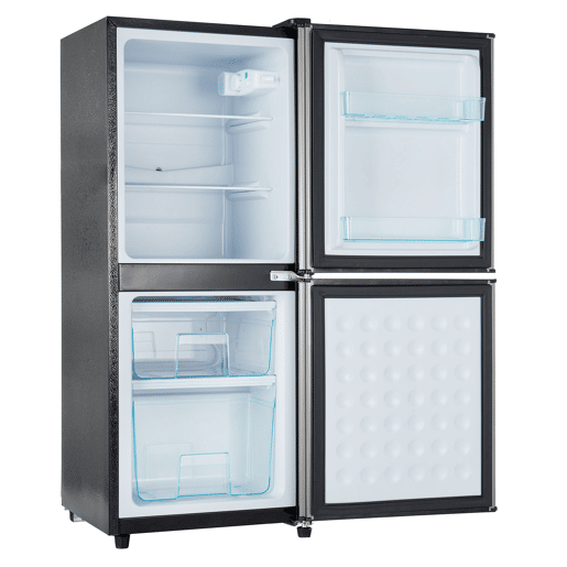 Mini-frigorífico 106 L - 60 L frigorífico + 46 L congelador, 7 níveis de temperatura, porta prateada + corpo preto, iluminação LED, prateleiras ajustáveis - Preto+Prateado