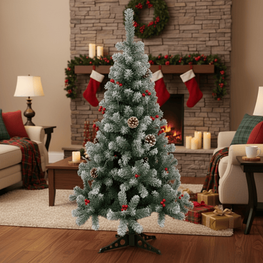 Árvore de Natal com neve de 120 cm com enfeite de pinha, frutas vermelhas e neve Árvore de Natal com neve de 120 cm com enfeite de pinha, frutas vermelhas e neve
