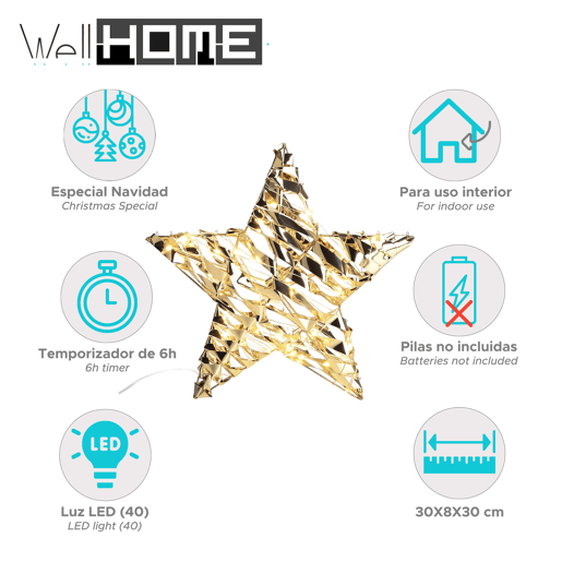 Decoração suspensa em formato de estrela Well Home com 40 micro luzes LED 30x8x30cm