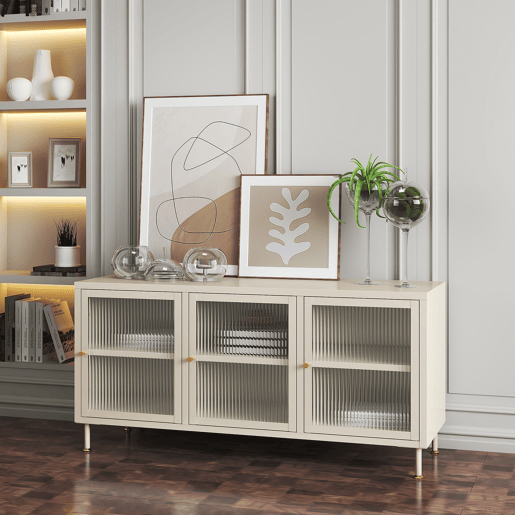 Armário para televisão Lindau 3 portas vidro canelado 120x40x59 cm branco creme en.casa