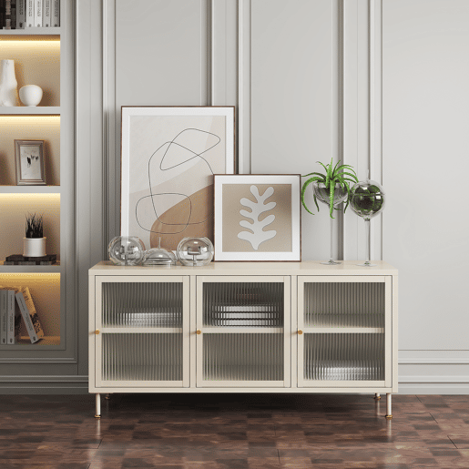 Armário para televisão Lindau 3 portas vidro canelado 120x40x59 cm branco creme en.casa
