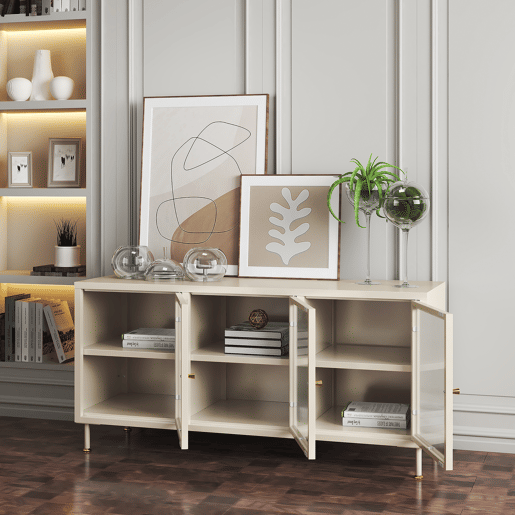 Armário para televisão Lindau 3 portas vidro canelado 120x40x59 cm branco creme en.casa