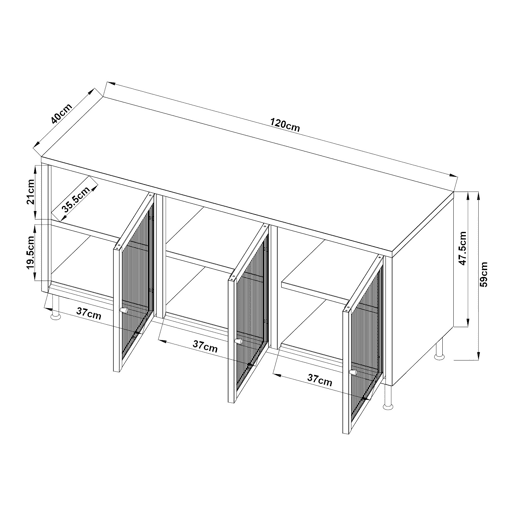 Armário para televisão Lindau 3 portas vidro canelado 120x40x59 cm branco creme en.casa