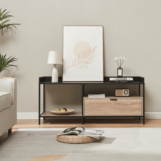 Mesa de TV Belana com gaveta rebordo elevado 120x40x54 cm pretocarvalho en.casa