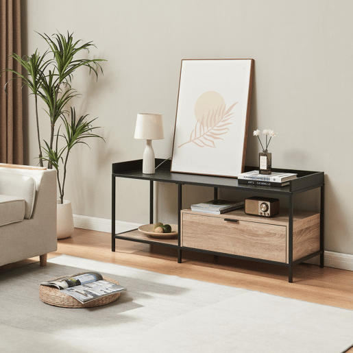 Mesa de TV Belana com gaveta rebordo elevado 120x40x54 cm pretocarvalho en.casa
