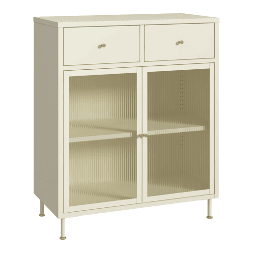 Aparador Lindau 2 portas de vidro 2 gavetas aço 97x80x40 cm branco creme en.casa