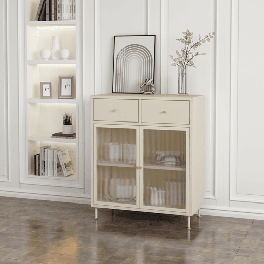 Aparador Lindau 2 portas de vidro 2 gavetas aço 97x80x40 cm branco creme en.casa