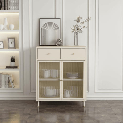 Aparador Lindau 2 portas de vidro 2 gavetas aço 97x80x40 cm branco creme en.casa