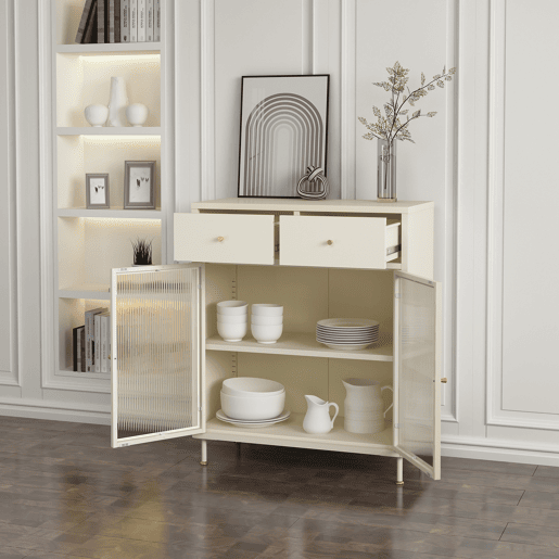 Aparador Lindau 2 portas de vidro 2 gavetas aço 97x80x40 cm branco creme en.casa