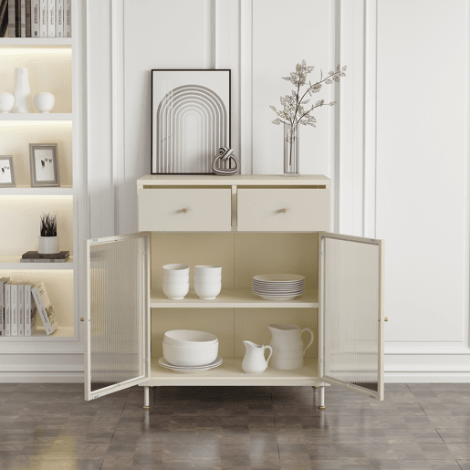 Aparador Lindau 2 portas de vidro 2 gavetas aço 97x80x40 cm branco creme en.casa
