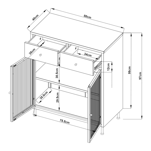 Aparador Lindau 2 portas de vidro 2 gavetas aço 97x80x40 cm branco creme en.casa
