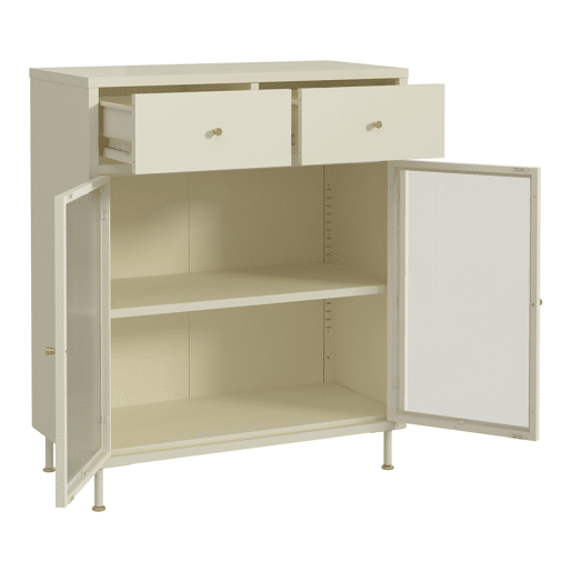 Aparador Lindau 2 portas de vidro 2 gavetas aço 97x80x40 cm branco creme en.casa