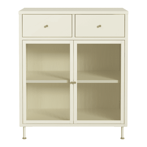 Aparador Lindau 2 portas de vidro 2 gavetas aço 97x80x40 cm branco creme en.casa