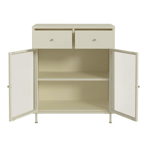 Aparador Lindau 2 portas de vidro 2 gavetas aço 97x80x40 cm branco creme en.casa