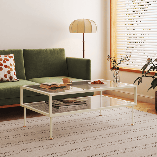 Mesa de centro Lindau aço com tampo de vidro 100x50x46 cm branco creme en.casa