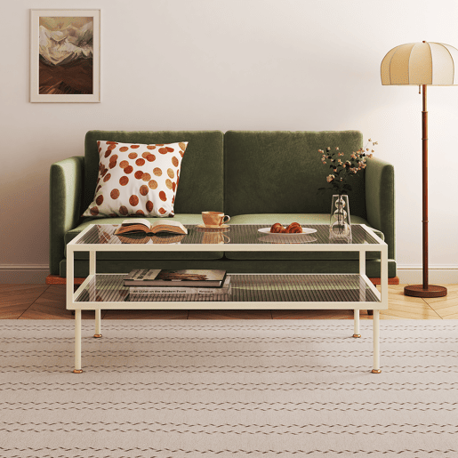 Mesa de centro Lindau aço com tampo de vidro 100x50x46 cm branco creme en.casa