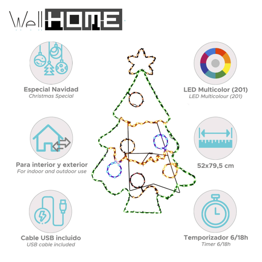 Árvore de Natal Well Home com 201 luzes LED piscantes em 4 cores e temporizador 79,5x52 cm