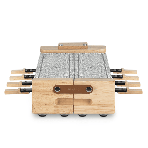 Raclette WOD362 Hkoenig com base giratória 180°, chapas de pedra e design em madeira natural, 1400u202FW