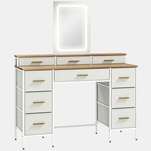 HOMCOM Toucador com Luzes LED de 3 Cores Toucador de Maquilhagem com Espelho Mesa de Maquilhagem com 10 Gavetas de Tecido Pés em Aço Moderno para Quarto Sala de Estar Madeira