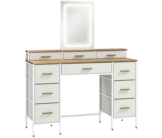 Homcom tocador con luces led de 3 colores, tocador de maquillaje con espejo, mesa de maquillaje con 10 cajones de tela, patas de acero, moderno, para dormitorio, salón, natural