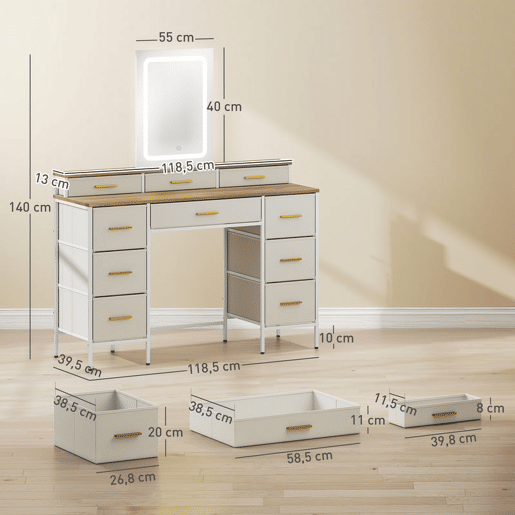 HOMCOM Toucador com Luzes LED de 3 Cores Toucador de Maquilhagem com Espelho Mesa de Maquilhagem com 10 Gavetas de Tecido Pés em Aço Moderno para Quarto Sala de Estar Madeira