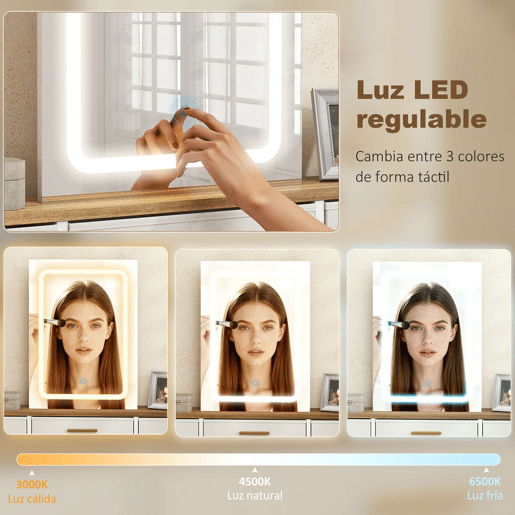 HOMCOM Toucador com Luzes LED de 3 Cores Toucador de Maquilhagem com Espelho Mesa de Maquilhagem com 10 Gavetas de Tecido Pés em Aço Moderno para Quarto Sala de Estar Madeira