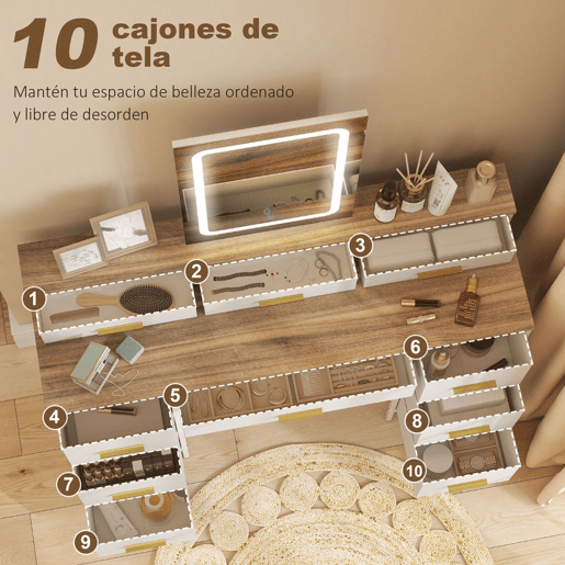 HOMCOM Toucador com Luzes LED de 3 Cores Toucador de Maquilhagem com Espelho Mesa de Maquilhagem com 10 Gavetas de Tecido Pés em Aço Moderno para Quarto Sala de Estar Madeira